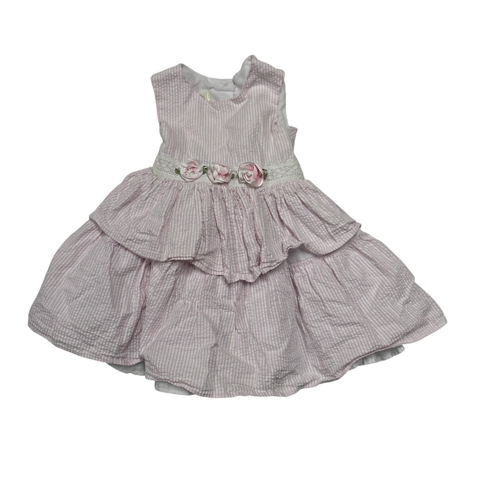 Laura Ashley London Girls 12M Dress Pink Fancy Ruffled Cottatgecore Seersucker